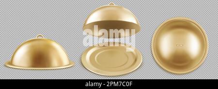 Realistic set of open and closed golden cloche food trays isolated on transparent background. Vector illustration of round 3D platter with bell lid. Restaurant equipment for elegant serving of dinner Stock Vector