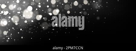 Realistic white bokeh light effect isolated on transparent background. Vector illustration of silver sparkles glowing on dark backdrop. Magic snow dust overlay for festive design, abstract texture Stock Vector