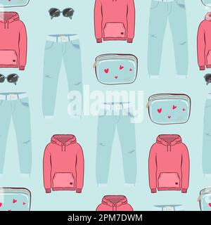 seamless pattern Vector hand-drawn collage of women's clothing and accessories isolated on a white background. An outfit in a casual and elegant Stock Vector
