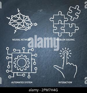 Neural network and automated systems chalkboard icon set. Vector illustration. Stock Vector