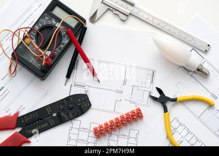 Repair tools on white background with copy space, top view Stock Photo