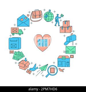 Post service round banner in colored line style. Mail delivery symbols. Vector illustration. Stock Vector