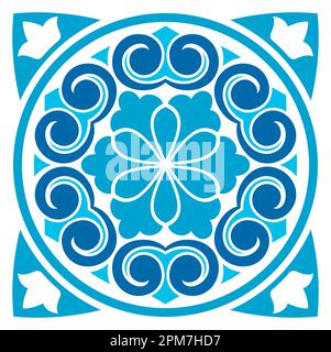 Moroccan ornamental indigo textile background, azulejo tile pattern majolica, talavera. Lisbon geometric Azulejo tile vector pattern Stock Vector