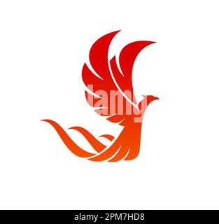 Phoenix bird with fire wings and tail. Vector fenix or phoenix fantasy firebird with flaming feathers and bright red flames isolated symbol of rebirth Stock Vector