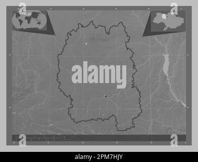 Zhytomyr, region of Ukraine. Grayscale elevation map with lakes and rivers. Corner auxiliary location maps Stock Photo