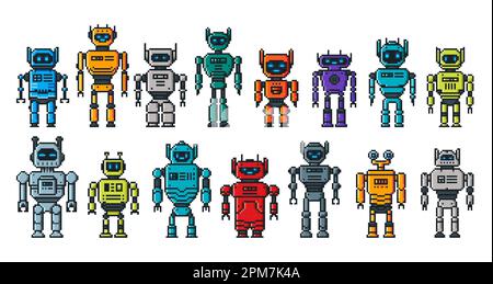 Pixel robot characters, 8 bit cartoon robotic droids and androids, vector game assets. Pixel robots and droid cyborgs, transformer toys and electronic Stock Vector