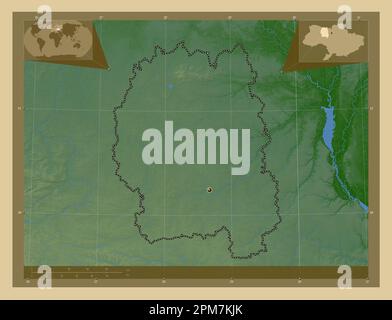 Zhytomyr, region of Ukraine. Colored elevation map with lakes and rivers. Corner auxiliary location maps Stock Photo