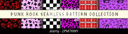 Punk Rock seamless collection pattern. Vector graphics for fabrics, textiles, wallpaper. Grunge design set for print and web. Skulls, anarchy sign Stock Vector