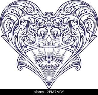 Classic elegant victorian heart swirl flourish ornament with one eye illustrations silhouette vector for your work logo, merchandise t-shirt, stickers Stock Vector