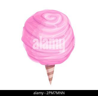 Cartoon cotton candy, isolated vector fluffy delicious pink sugar cloud in cone. Traditional street fair and carnival food. Sweet dessert on white bac Stock Vector