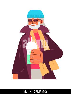 Happy senior with iced matcha green tea semi flat colorful vector character Stock Vector