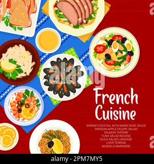 French cuisine menu cover, vector France meals shrimp cocktail with marie rose sauce, tuna salad nicoise, parisian apple celery salad. Salmon tartare, Stock Vector