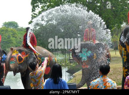 Ayutthaya, Thailand. 11th Apr, 2023. A tourist splashes water on elephants during a celebration for the upcoming Songkran Festival, in Ayutthaya, Thailand, April 11, 2023. Songkran Festival, the traditional Thai New Year, is celebrated from April 13 to 15 every year, during which people express greetings by splashing water on each other. Credit: Rachen Sageamsak/Xinhua/Alamy Live News Stock Photo