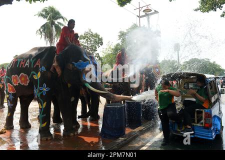 Ayutthaya, Thailand. 11th Apr, 2023. Elephants spray water on tourists during a celebration for the upcoming Songkran Festival, in Ayutthaya, Thailand, April 11, 2023. Songkran Festival, the traditional Thai New Year, is celebrated from April 13 to 15 every year, during which people express greetings by splashing water on each other. Credit: Rachen Sageamsak/Xinhua/Alamy Live News Stock Photo