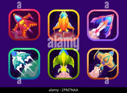 Space game app icons, UI frames and cartoon GUI for mobile application, vector spaceship galaxy adventure. Starship battle game square buttons templat Stock Vector