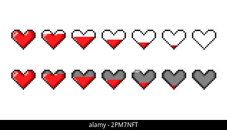 Pixel heart. Vintage console game user interface element, 8bit arcade or videogame player health or life vector indicator, menu pixel GUI energy level Stock Vector