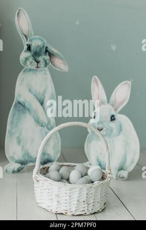 a bucket with painted eggs for Easter basket background for the holiday Stock Photo