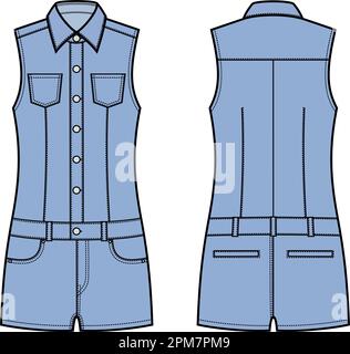 Womens denim coverall shorts. Fashion CAD. Stock Vector