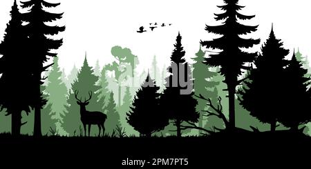 Forest trees silhouettes, deer animal and duck flock, hunting sport. Vector nature landscape or wildlife scene background with pine woods and fallen t Stock Vector