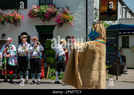 Morris Dancer with mask applauding, The Windmill Public House, Chipperfield, Hertfordshire, England, United Kingdom Stock Photo