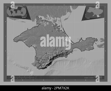 Crimea, autonomous republic of Ukraine. Bilevel elevation map with lakes and rivers. Locations and names of major cities of the region. Corner auxilia Stock Photo