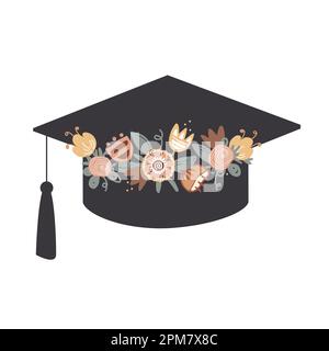 Graduation cap decorated with doodle flower wreath. High education and graduation symbol. Vector isolated illustration Stock Vector