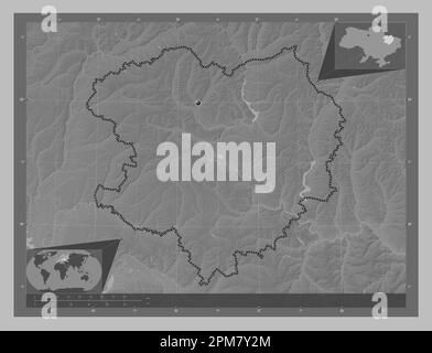 Kharkiv, region of Ukraine. Grayscale elevation map with lakes and rivers. Corner auxiliary location maps Stock Photo