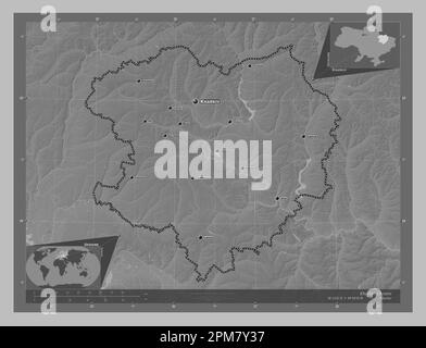 Kharkiv, region of Ukraine. Grayscale elevation map with lakes and rivers. Locations and names of major cities of the region. Corner auxiliary locatio Stock Photo