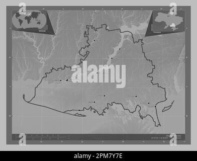 Kherson, region of Ukraine. Grayscale elevation map with lakes and rivers. Locations and names of major cities of the region. Corner auxiliary locatio Stock Photo