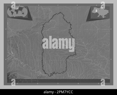 Khmel'nyts'kyy, region of Ukraine. Grayscale elevation map with lakes and rivers. Corner auxiliary location maps Stock Photo