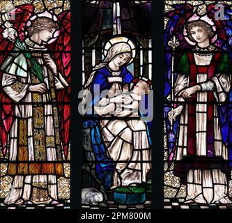 The Nativity with Angels by Christopher Whall (1914), St Mary and All Saints Church, Whalley, Lancashire, UK Stock Photo