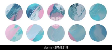 Set of abstract round stickers with blue and pink marble textures. Collection aesthetic ig highlight stories covers backgrounds. Artificial marbling Stock Vector