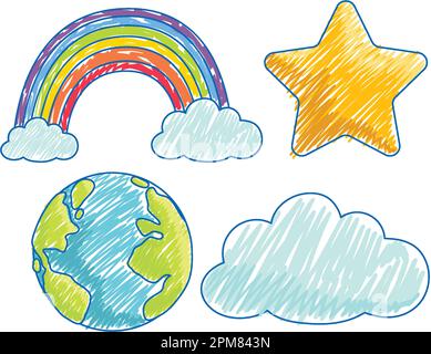 Weather icons in Pencil Colour Sketch Simple Style illustration Stock Vector