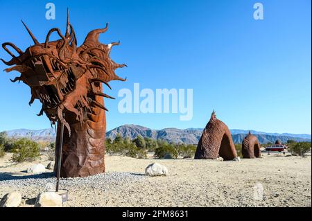 United States, California, Greater Palm Springs region, Coachella Valley, Anza Borrego desert, Sky Art. Sculptures by Ricardo Breceda Stock Photo