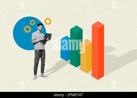 Picture collage of new company you can invest own savings new technologies man netbook artificial intelligence isolated on gray background Stock Photo
