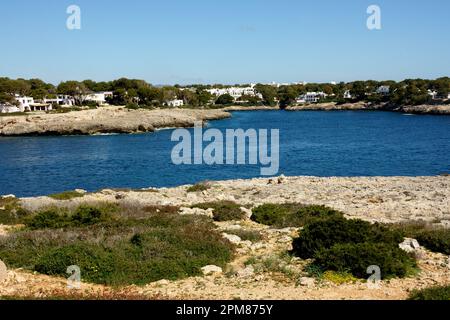 Cala d’Or, Majorca, Balearic Isles, Spain. View on the Cala Dor beach and coast from Es Fort, Mallorca Stock Photo