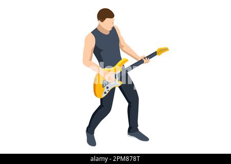 Isometric Realistic Electric Guitar. Man playing an electric guitar isolated on white background Stock Vector