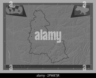 Sumy, region of Ukraine. Bilevel elevation map with lakes and rivers. Locations of major cities of the region. Corner auxiliary location maps Stock Photo