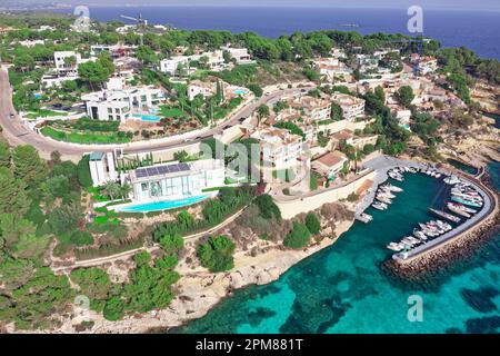 Spain, Balearic Islands, Majorca, Bay of Palma, Portals Vells, Cala Portals Vells, the port, small coves with turquoise waters, near Magaluf (aerial view) Stock Photo