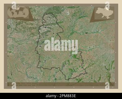 Sumy, region of Ukraine. High resolution satellite map. Locations of major cities of the region. Corner auxiliary location maps Stock Photo