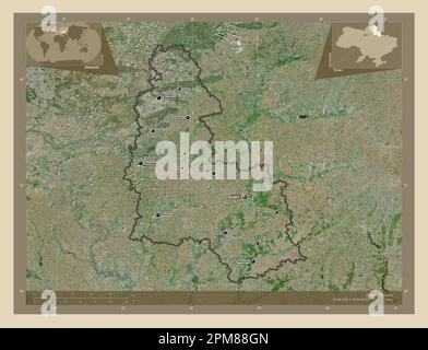 Sumy, region of Ukraine. High resolution satellite map. Locations and names of major cities of the region. Corner auxiliary location maps Stock Photo