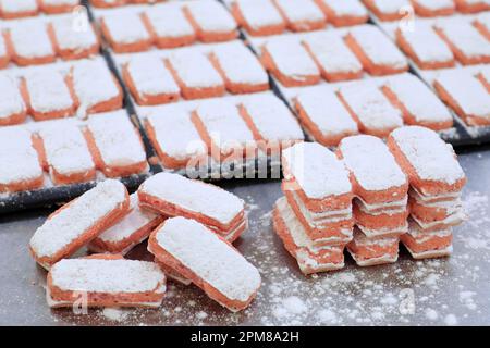 France, Marne, Reims, Maison Fossier (Living Heritage company), biscuit factory, manufacture of pink biscuits from Reims (champenoise specialties) created at the end of the 17th century Stock Photo