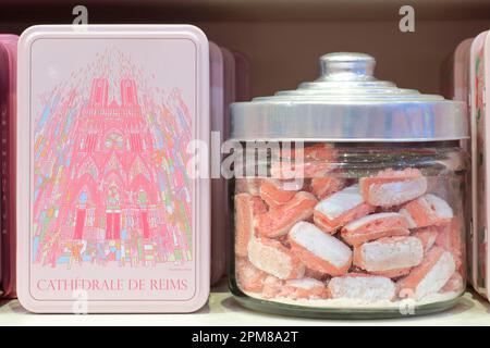 France, Marne, Reims, Maison Fossier (Living Heritage company), shop, pink biscuits from Reims (champenoise specialties) created at the end of the 17th century Stock Photo
