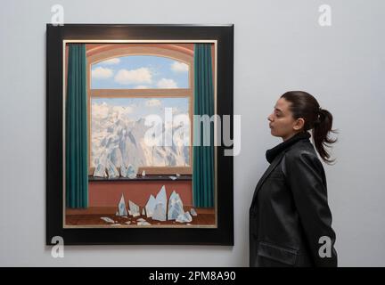 Sotheby's, London, UK. 12th Apr, 2023. Modern & contemporary masterpieces by Picasso, Magritte, Basquiat, Fontana, Richter and Hammershøi are unveiled in London ahead of May auction in New York. Image: René Magritte, Le Domaine d‘Arnheim, 1949, estimate $15,000,000-25,000,000. Credit: Malcolm Park/Alamy Live News Stock Photo