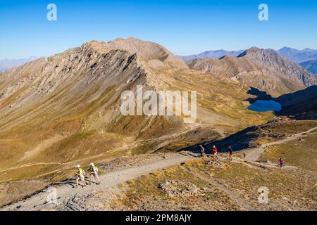 France, Hautes-Alpes, regional natural park of Queyras, Abriès, hikers on the ascent path of the Pain de Sucre (3208 m) from the Col Vieux (2806 m), the lake Foréant (2618 m) behind -plan Stock Photo