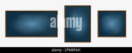 Blue school classroom chalkboard clipart realistic vector. Isolated board texture for menu with wooden frame on transparent background. Empty grunge surface for message with rustic brown border Stock Vector