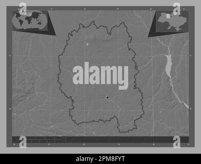 Zhytomyr, region of Ukraine. Bilevel elevation map with lakes and rivers. Corner auxiliary location maps Stock Photo