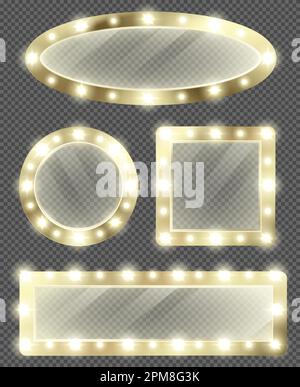 Makeup mirror in gold frame with light bulbs. Vector realistic different shapes mirrors for theater actors or fashion model dressing room isolated on transparent background Stock Vector