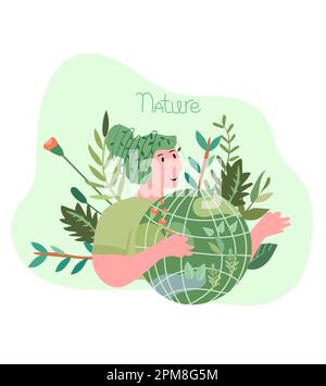 Lady cherishes verdant globe with affection. Vector art for Earth Day and planet preservation.Global Warming and environmental safeguard power efficiency idea. Vector illustration. Stock Vector