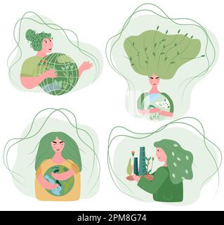 Lady cherishes verdant globe with affection. Vector art for Earth Day and planet preservation.Global Warming and environmental safeguard power efficiency idea. Vector illustration. Stock Vector